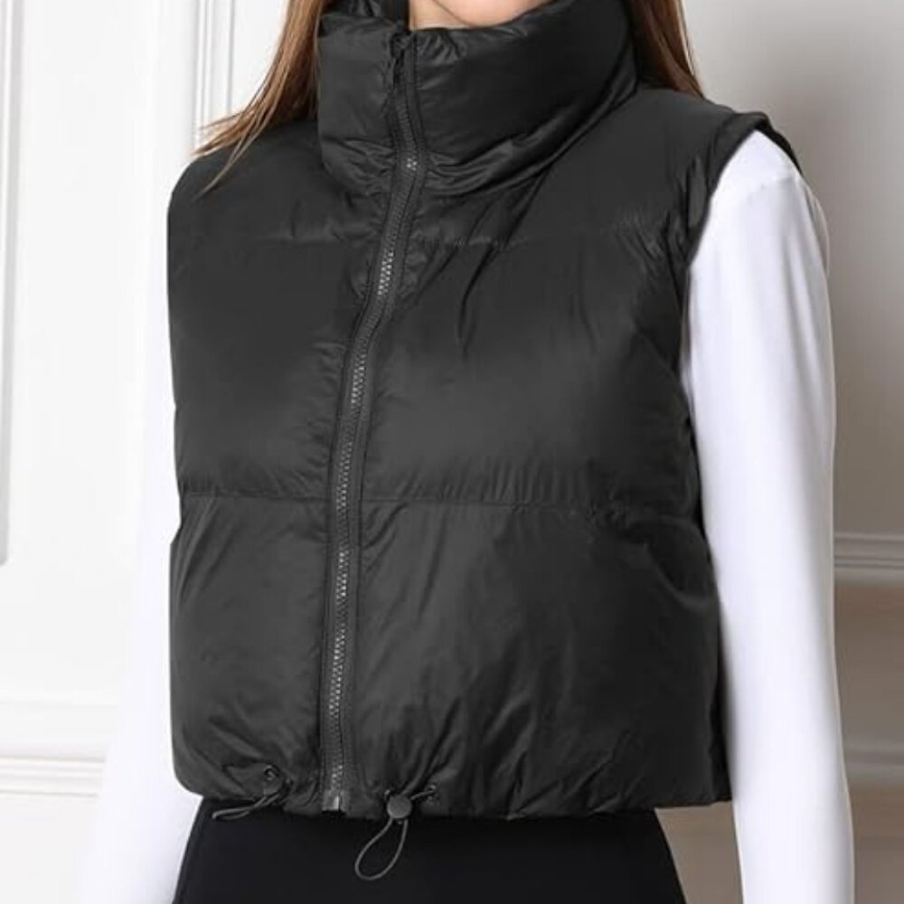 Black Womens Cropped Puffer Vest, Lightweight Sleeveless Outerwear Vest Sz Large